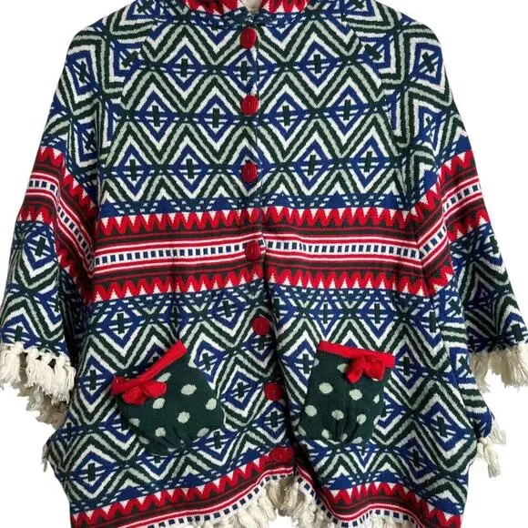 MATILDA JANE Hooded Fringe Poncho Boho Fair Isle Knit Cape Big Girl Size 14 - Picture 5 of 16